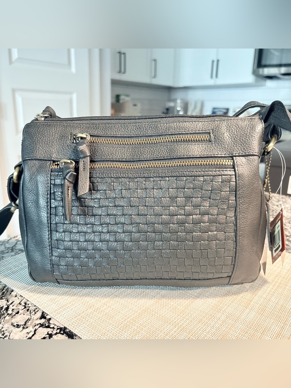 Woven Front Shoulder Bag in Black